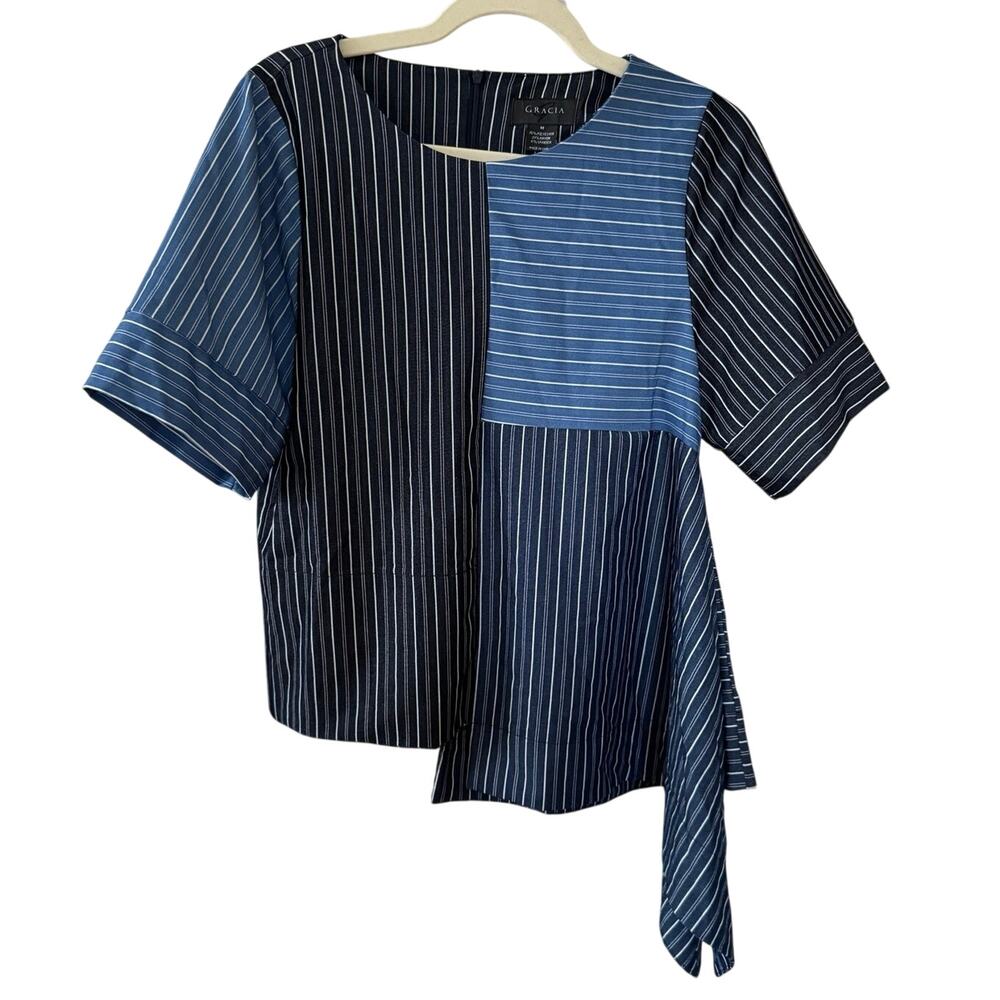 Gracia Three Tone Blue Jean Stripe Asymmetrical Top Architectural Chic - M
